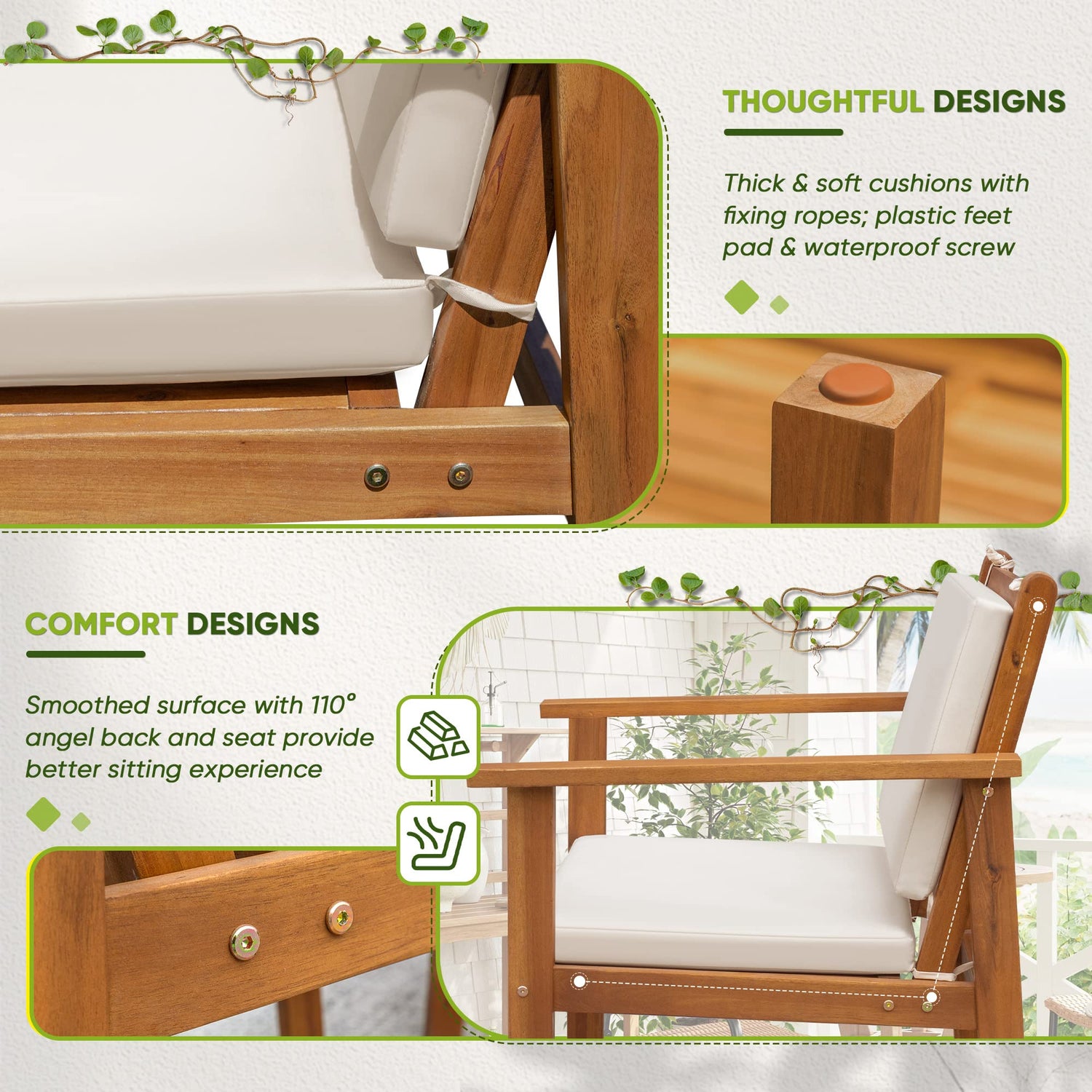 Flamaker Patio Chairs 3 Piece Acacia Wood Patio Furniture with Coffee Table & Cushions Outdoor Conversation Set Balcony Chairs for Porch, Deck, Flamaker