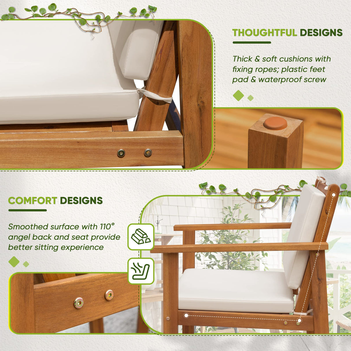 Flamaker Patio Chairs 3 Piece Acacia Wood Patio Furniture with Coffee Table & Cushions Outdoor Conversation Set Balcony Chairs for Porch, Deck, Flamaker