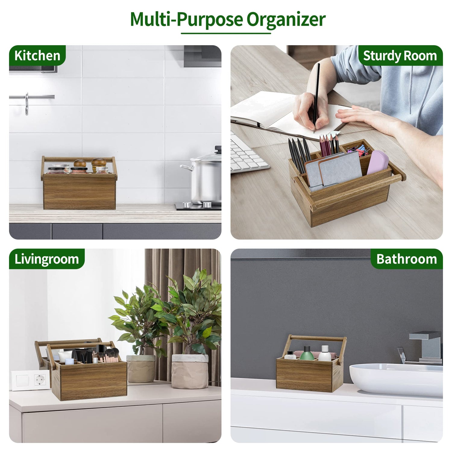 VaeFae Acacia Silverware Caddy with Handle, Wooden Utensil Holder, Mulip-pose Organizer for Kitchen, Office, Bathroom, Bedroom VaeFae