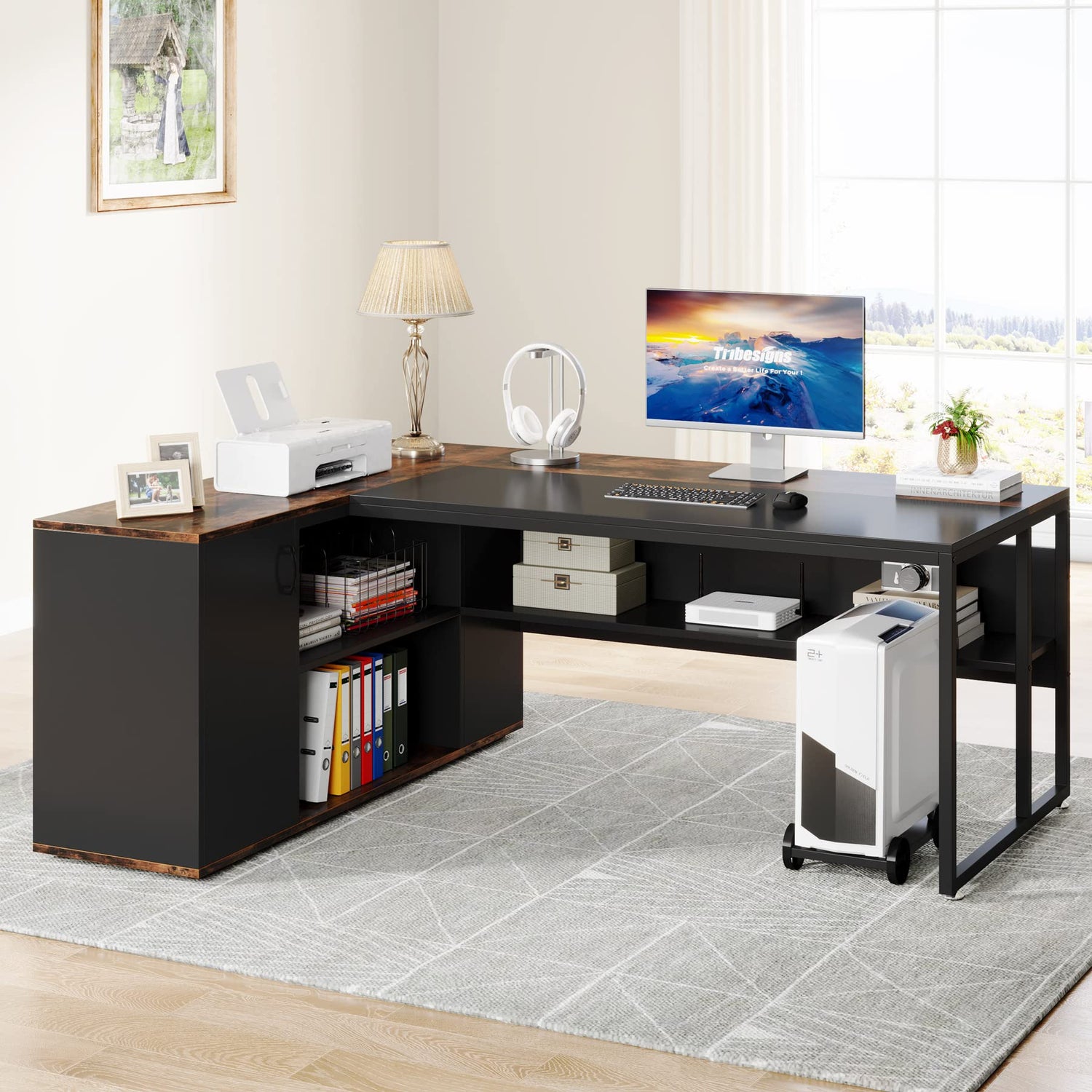 Tribesigns 71 inch Executive Desk, L Shaped Desk with Cabinet Storage, Executive Office Desk with Shelves, Business Furniture Desk Workstation for Tribesigns