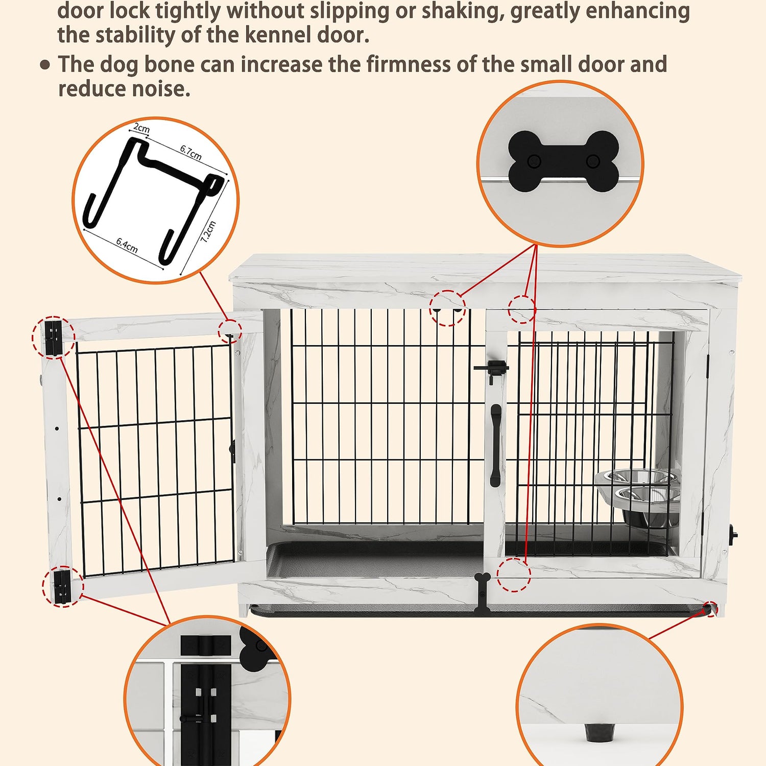 Piskyet Wooden Dog Crate Furniture with 360°Rotatable Removable Dog Bowls, Dog Crate End Table with Tray, Double Doors Dog Kennels for Medium Dogs Piskyet