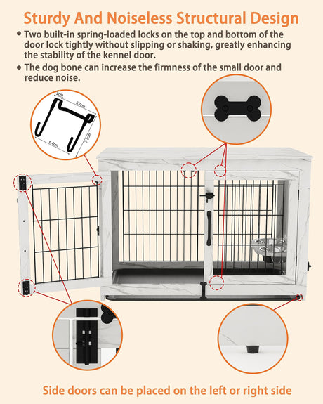 Piskyet Wooden Dog Crate Furniture with 360°Rotatable Removable Dog Bowls, Dog Crate End Table with Tray, Double Doors Dog Kennels for Medium Dogs Piskyet