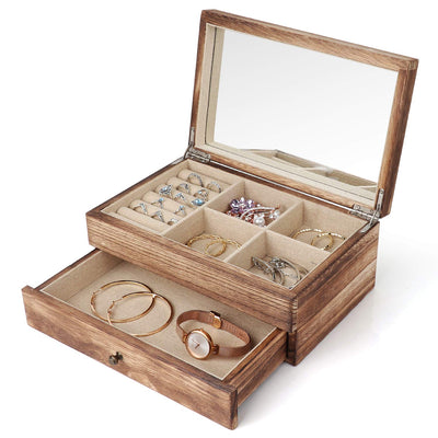 Meangood Jewelry Box Organizer for Women, 2 Layer Large Jewelry Storage Case, Rustic Wooden Jewelry Box with Mirror & Ring Tray for Necklace Earring
