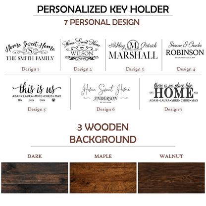 Personalized Key Holder for Wall - Custom Key Hanger with Family Name | 12 Designs, 8 Background Options | House Warming Presents for New Home, - WoodArtSupply