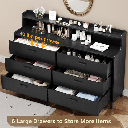 DICTAC Black Dresser with Shelves, 6 Drawers Double Dresser, Wood Chest of Drawers, Large Capacity Storage Organizer Dresser for Bedroom, Living