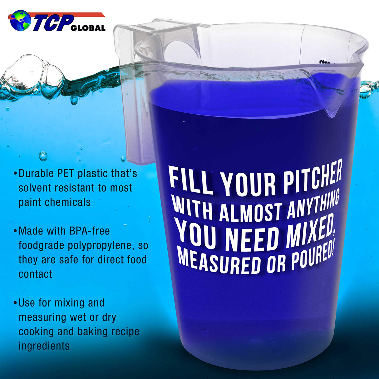 TCP Global 5 Piece Set of Plastic Graduated Measuring and Mixing Pitchers - 500, 1000 Quart, 2000, 3000, 5000 ml Gallon Sizes - Pouring Cups, Measure TCP Global