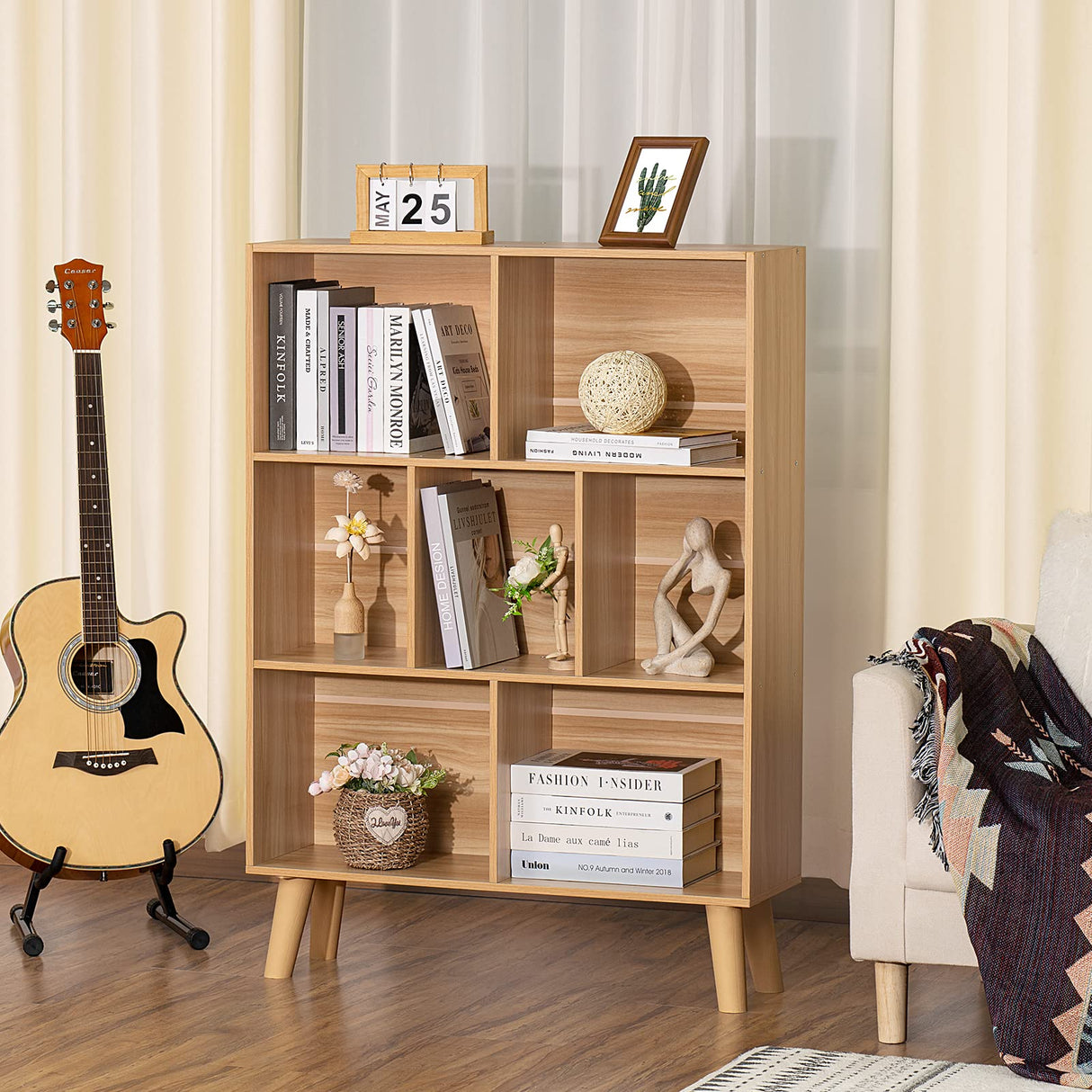 Natural 3-Tier LEYAOYAO Wooden 7 Cube Book Shelf - Modern Boho Display Organizer LEYAOYAO