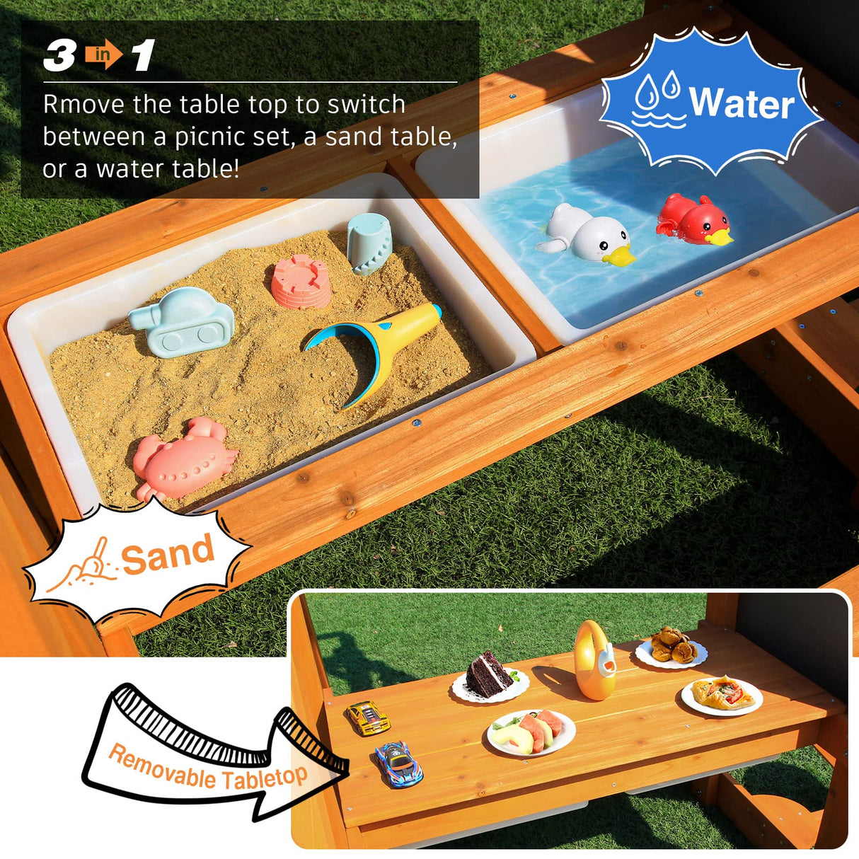 SuniBoxi Wooden Swing Set/Playset Made for Small Yards and Kids Toddlers Age 3-6, 6-in-1 Playground Set with Picnic Table Drawing Board Sandboxes SuniBoxi