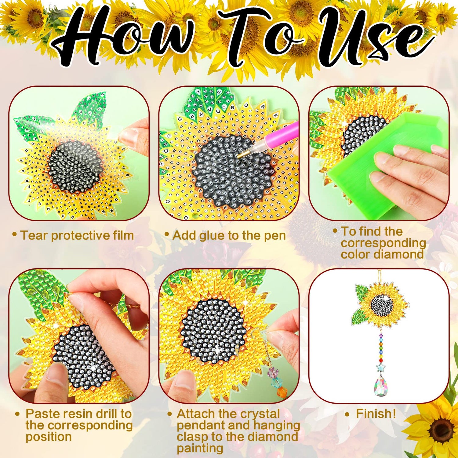 Tradder 6 Pcs 5D Sunflower Wind Chimes Kit Double Sided Butterfly Ornaments with Pendant for Summer Home Garden Hanging Ornament (2) Tradder