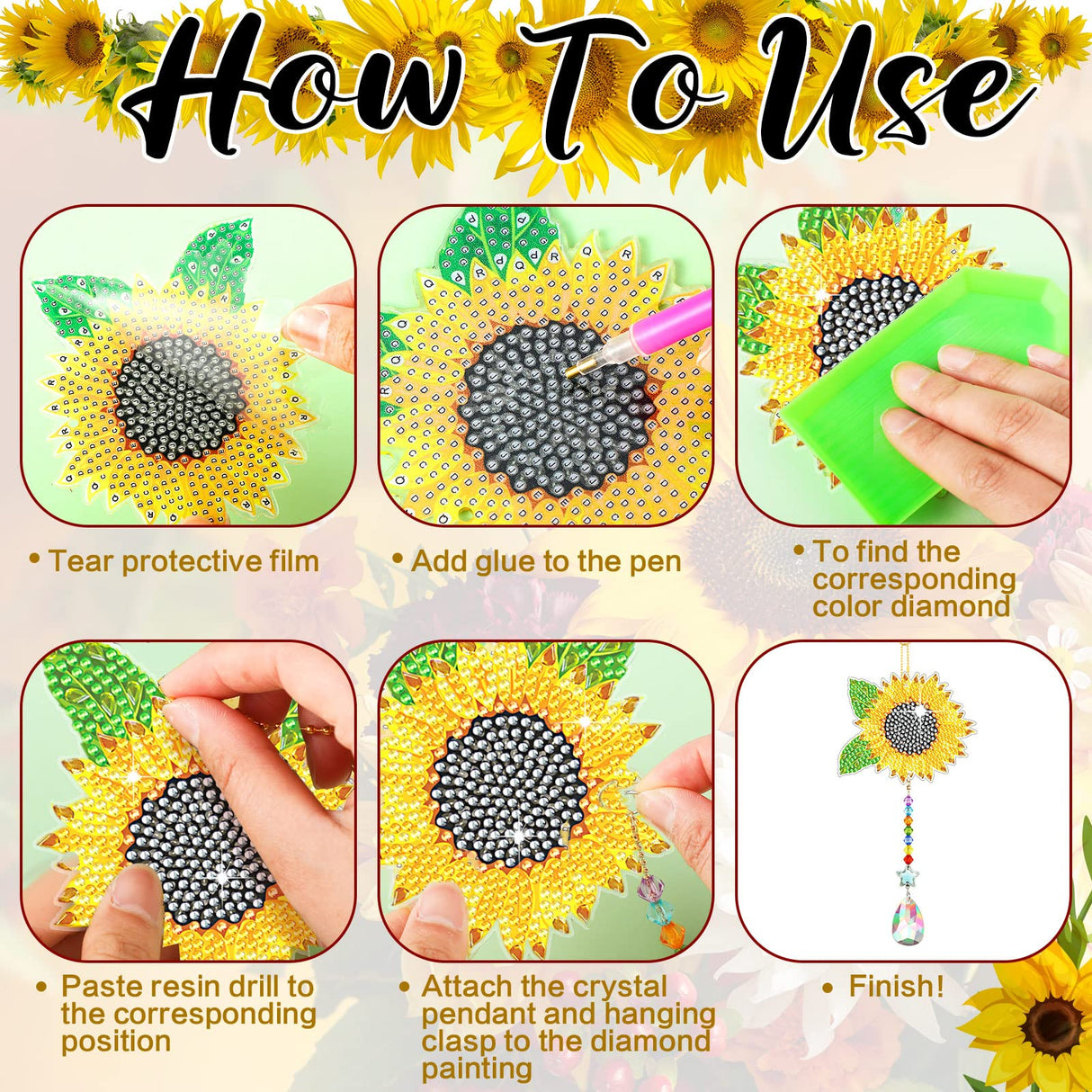 Tradder 6 Pcs 5D Sunflower Wind Chimes Kit Double Sided Butterfly Ornaments with Pendant for Summer Home Garden Hanging Ornament (2) Tradder