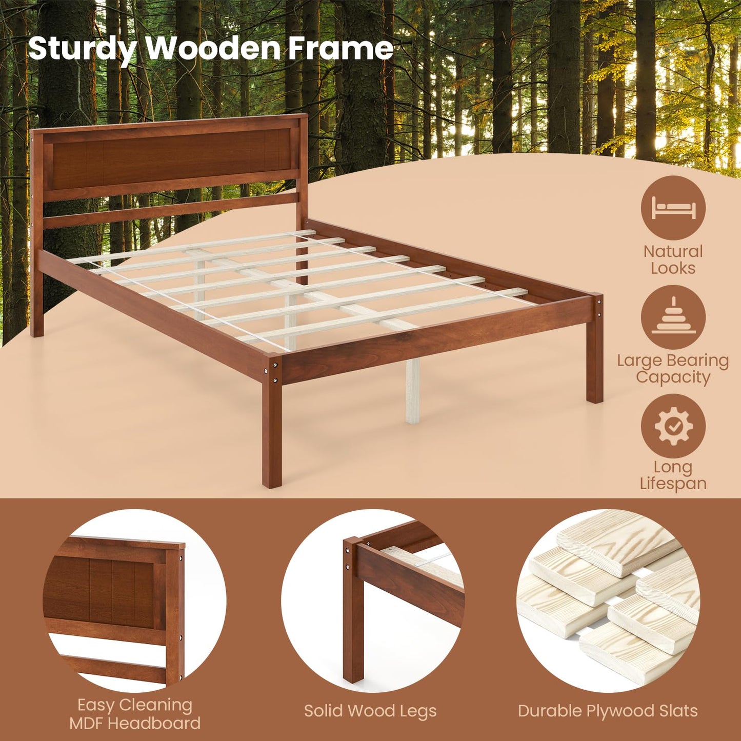 Giantex Wood Full Platform Bed with Headboard, Mid Century Solid Wood Bed Frame with Wood Slat Support, Wooden Mattress Foundation with 12" Under Bed