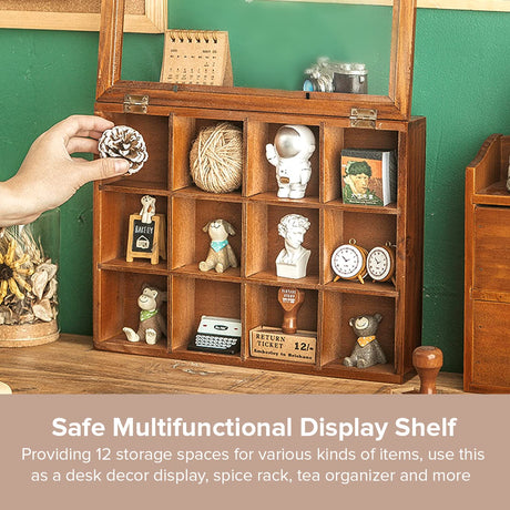 Mini Clear Display Wood Cabinet with 12 Slots - Collectibles Display Case - Wooden Floating Shelves for Display & Home Decor - Vintage Style Wood Woodaholic