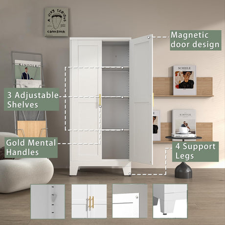 winiowa Metal Pantry Cabinet with 2 Doors and Adjustable Shelves, 61"Kitchen Storage cabinets with Gold Handles, Versatile Storage for Laundry winiowa