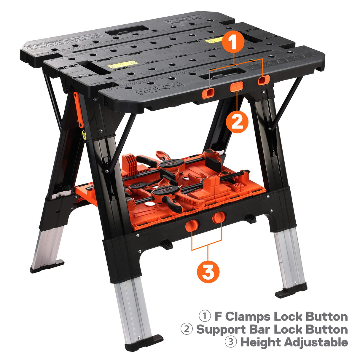 Pony Portable Folding Work Table, 2-in-1 as Sawhorse & Workbench, Load Capacity 1000 lbs-Sawhorse & 500 lbs-Workbench, 31” W×25” D×25”-32”H, with Jorgensen