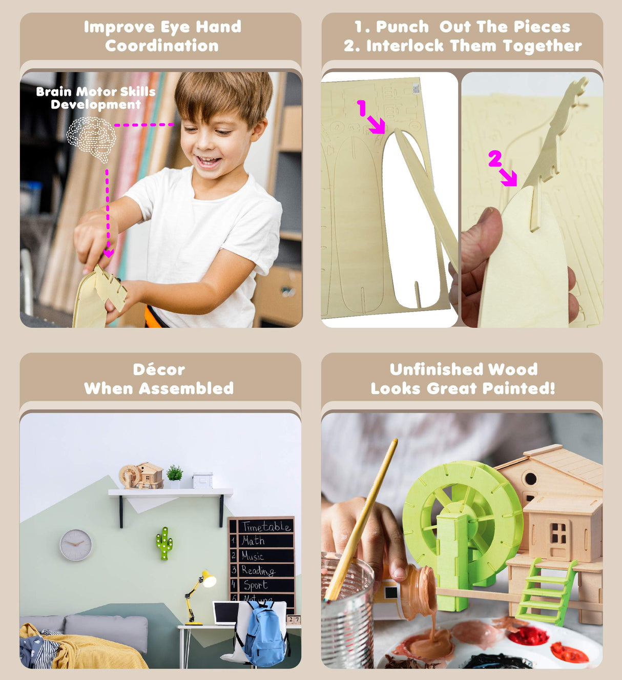 Puzzled 3D Puzzle Water Mill Set Wood Craft Construction Model Kit, Fun & Educational DIY Wooden Toy Assemble Model Unfinished Crafting Hobby Puzzle Puzzled