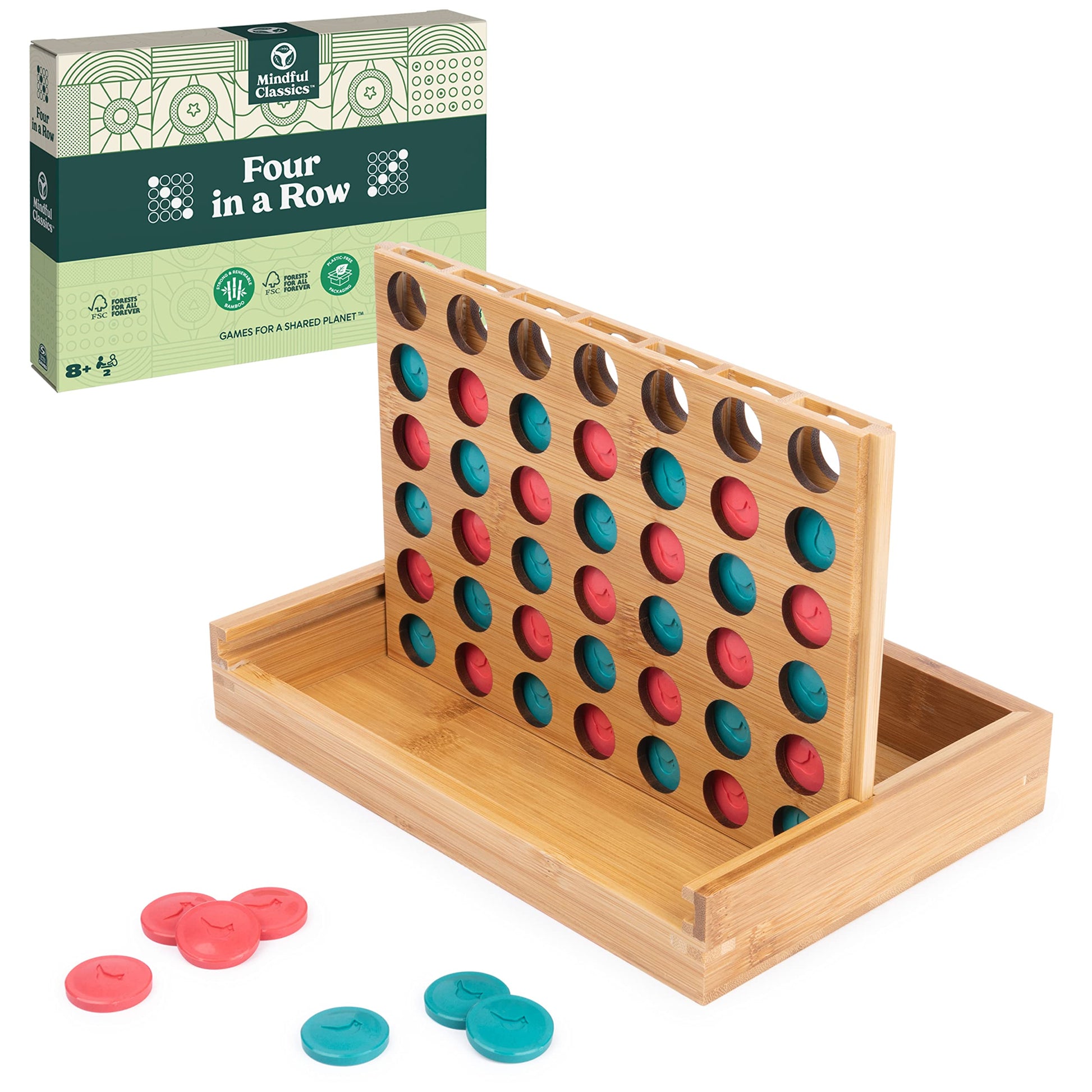 Mindful Classics, Four in a Row Family Board Game with Bamboo and Recycled Plastic Earth Day Eco-Friendly Products, for Adults and Kids Ages 8 and up - WoodArtSupply