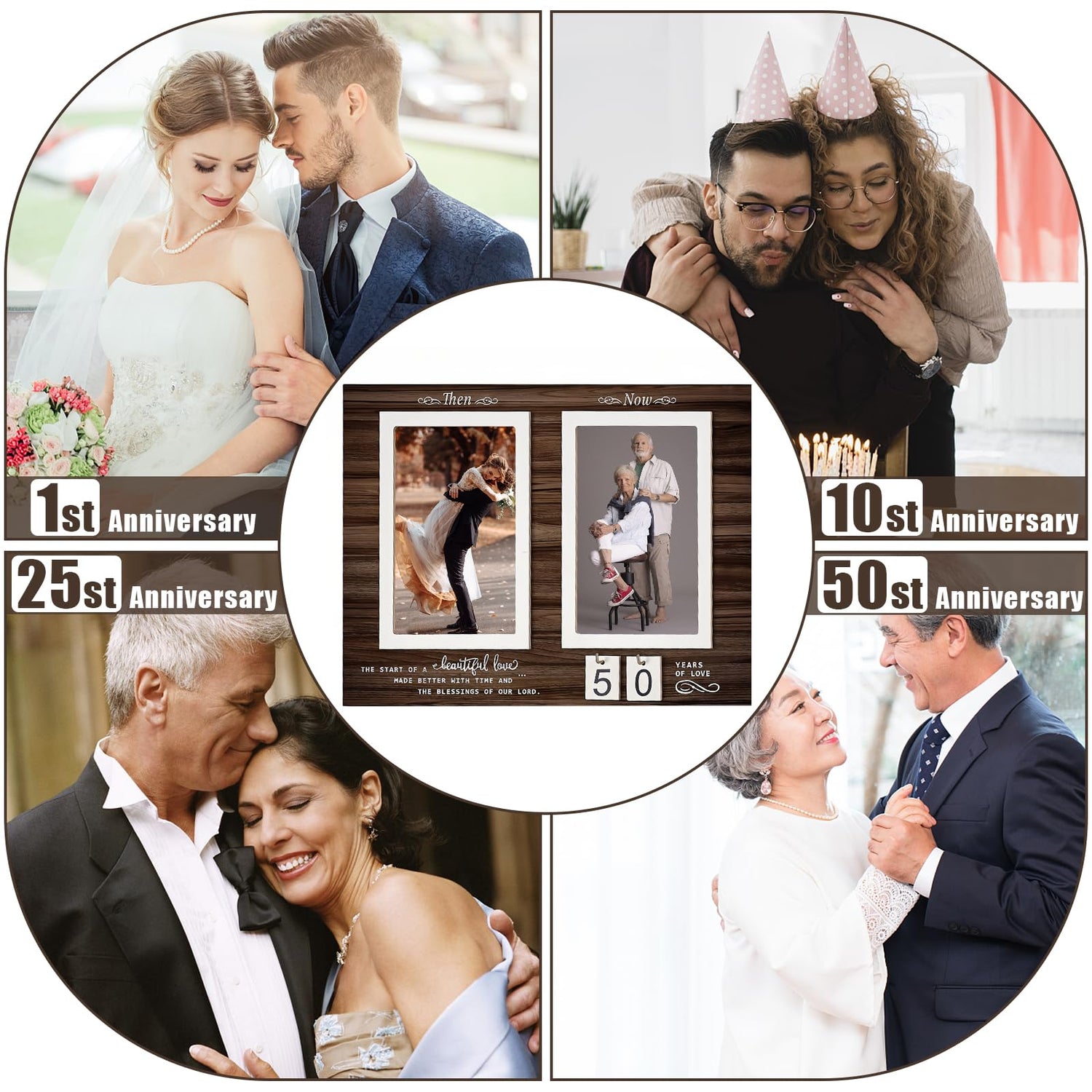 Then & Now Anniversary Picture Frame ,Holds 2 4x6 Inches Photos ,Personalized 1-99 Years 25th 40t 50th Wedding Gift Wood Photo Frames ,Picture Frame QUJOGA