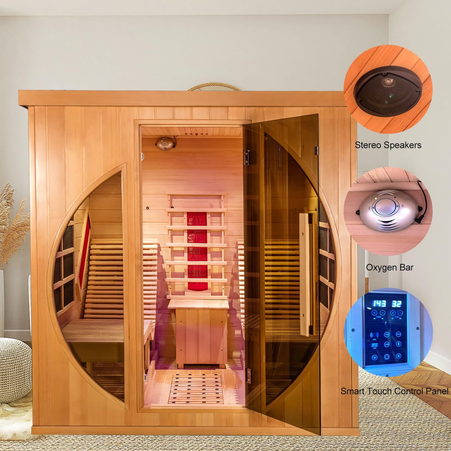 Smartmak Far Infrared Two Person Luxurious Wood Sauna, Canadian Hemlock Home Wooden Sauna Spa Room with Recliner, 3400W Indoor Sauna Detox Therapy - WoodArtSupply