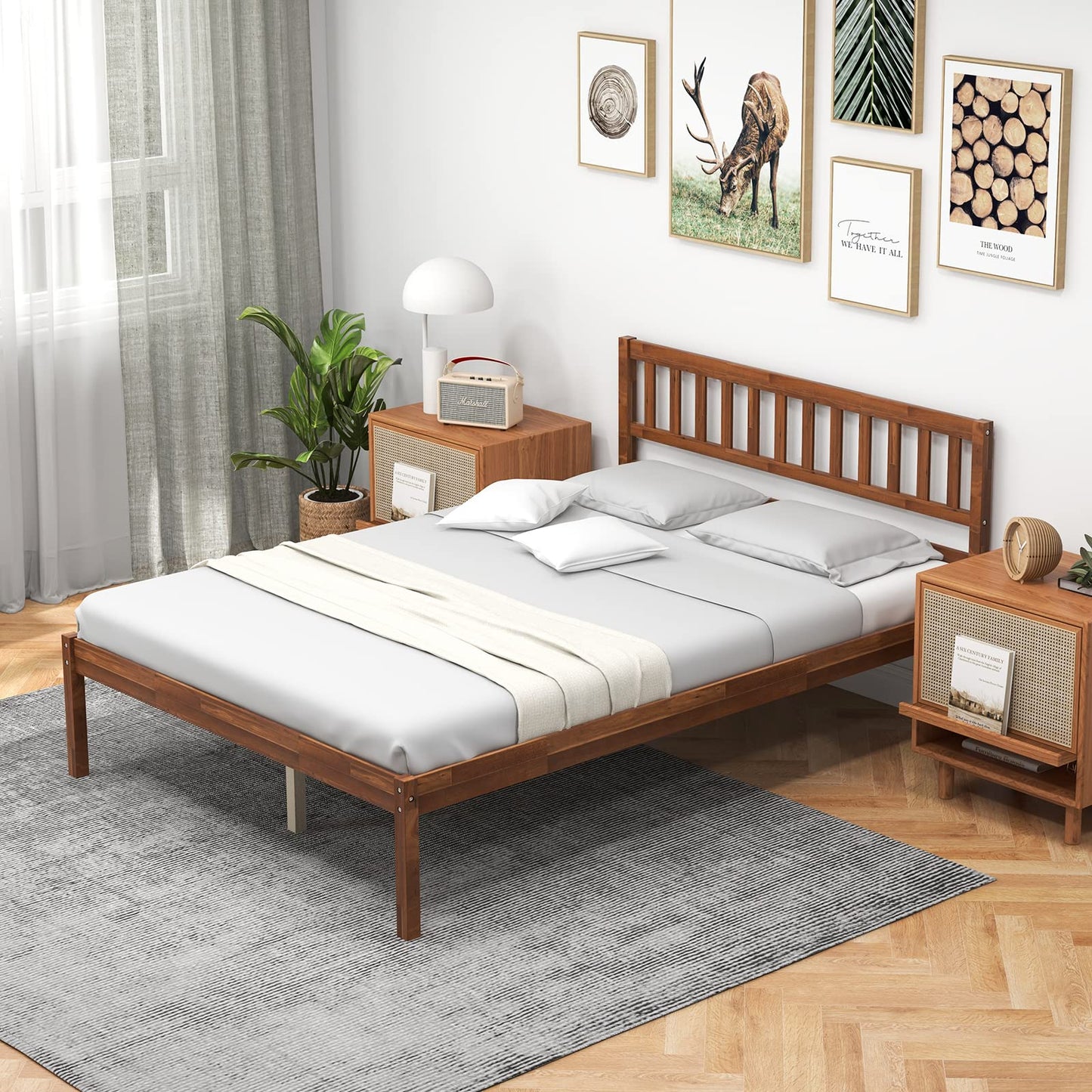 Giantex Wood Full Bed Frame with Headboard, Mid Century Platform Bed with Wood Slat Support, Solid Wood Foundation, 12 Inch Height for Under Bed