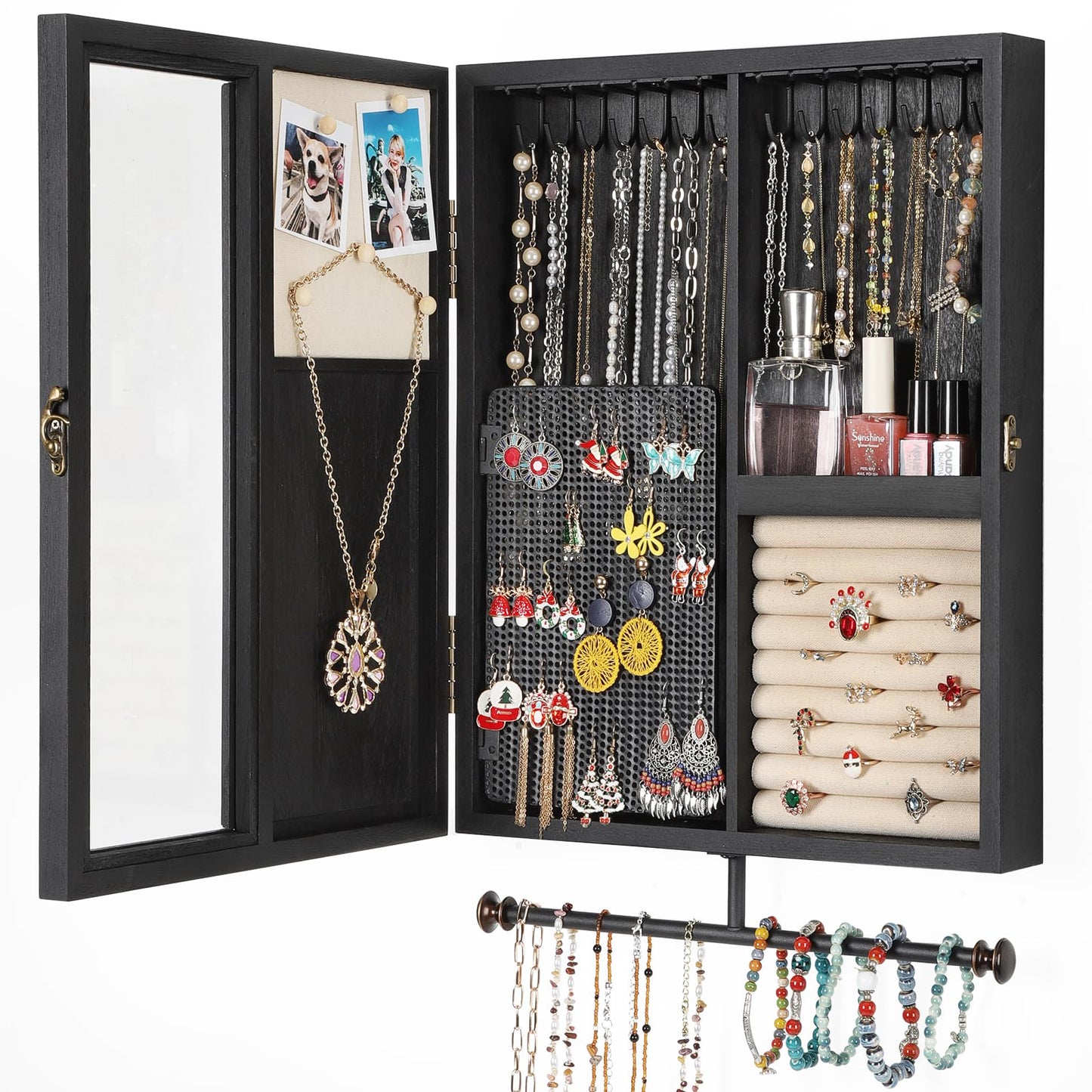 Keebofly Wall Mounted Jewelry Organizer With Rustic Wood Large Space Jewelry Cabinet, Holder, Storage Box for Necklaces, Earrings, Bracelets, Ring