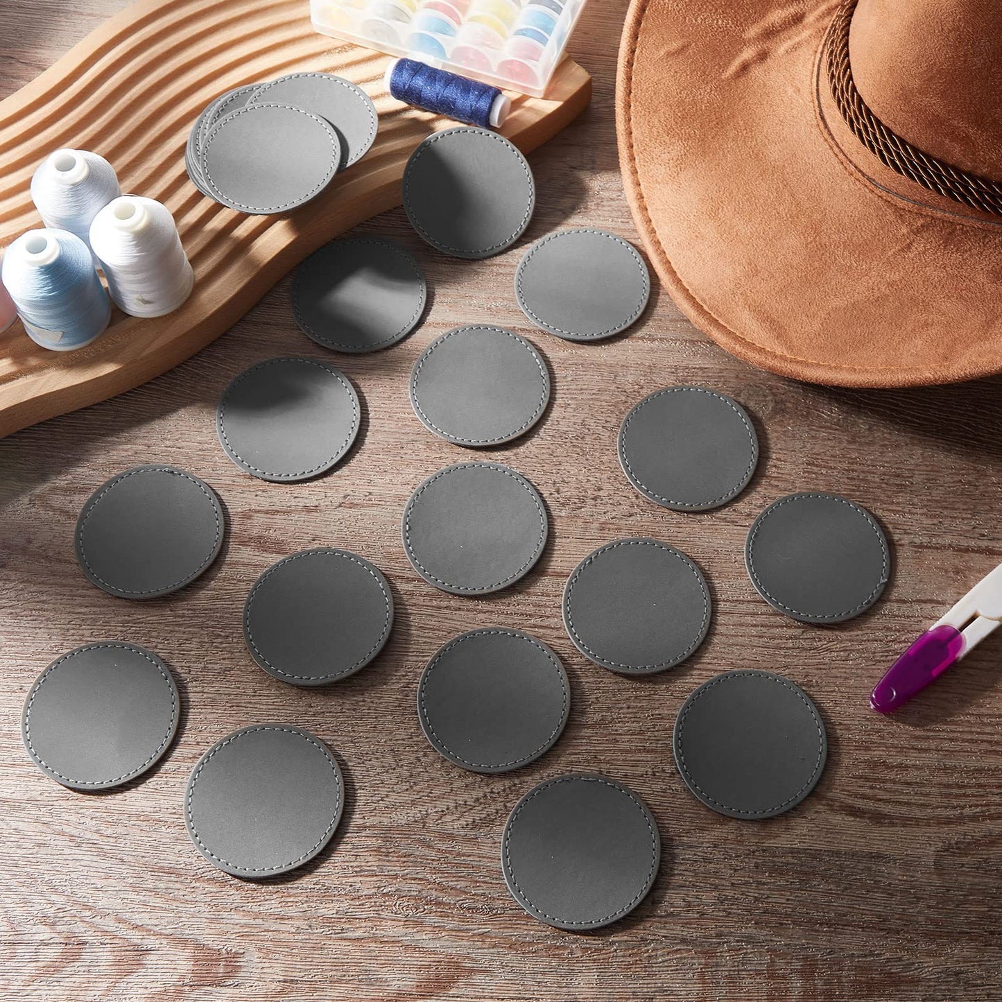 30 Pcs Blank Leather Hat Patches with Adhesive Round Laserable Leatherette Patch Brown Faux Leather Patches Glowforge Laser Supplies for Hats,