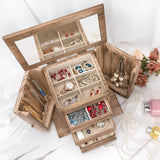Emfogo Jewelry Box for Women, Rustic Wooden Jewelry Boxes & Organizers with Mirror, 4 Layer Jewelry Organizer Box Display for Rings Earrings Emfogo