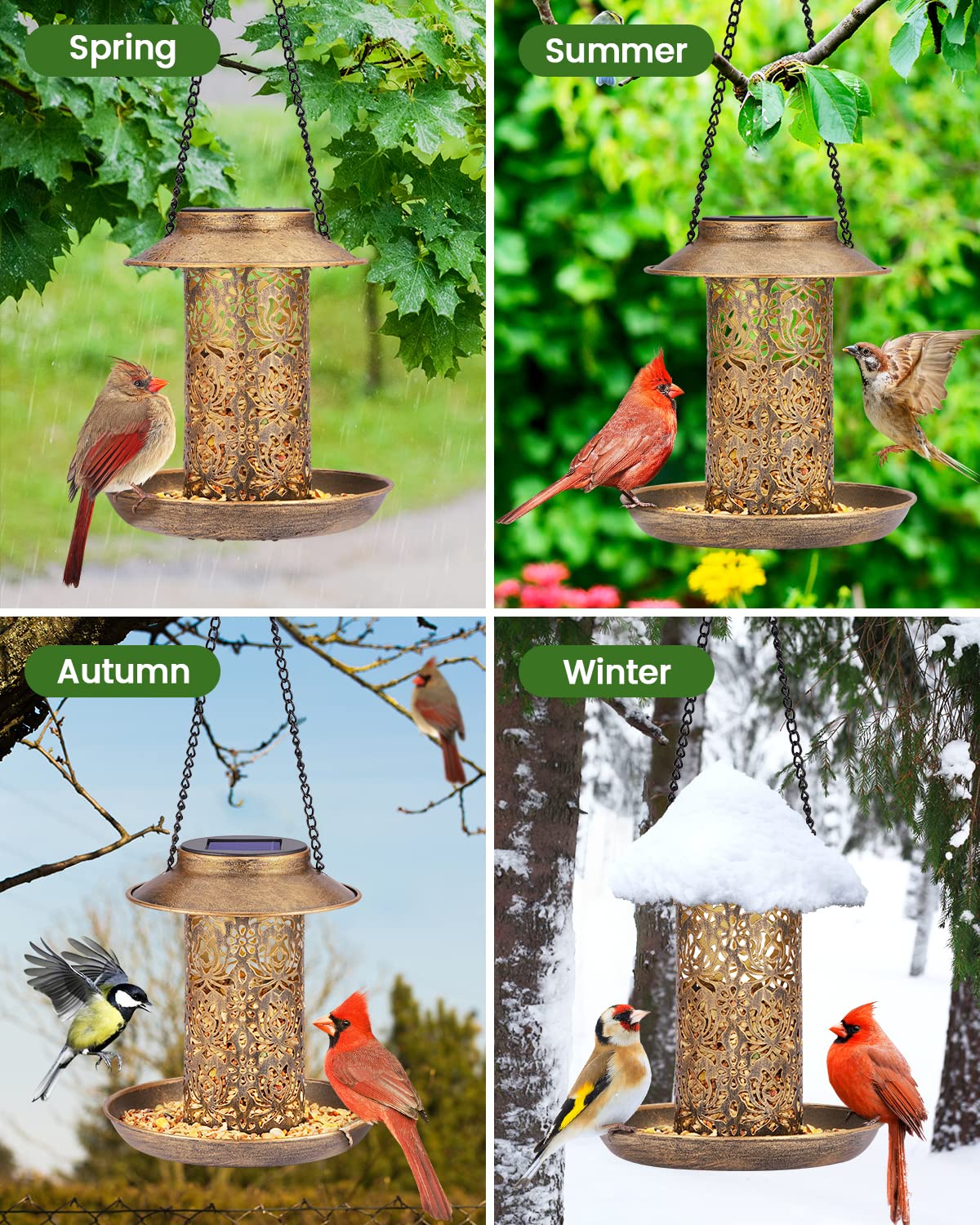 SWEETFULL Solar Bird Feeder for Outdoors Hanging, Metal Wild Bird Feeder for Cardinals Solar Garden Lantern with S Hook as Gift for Bird Lovers (2LBs SWEETFULL