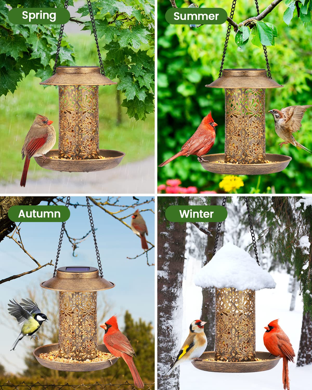 SWEETFULL Solar Bird Feeder for Outdoors Hanging, Metal Wild Bird Feeder for Cardinals Solar Garden Lantern with S Hook as Gift for Bird Lovers (2LBs - WoodArtSupply