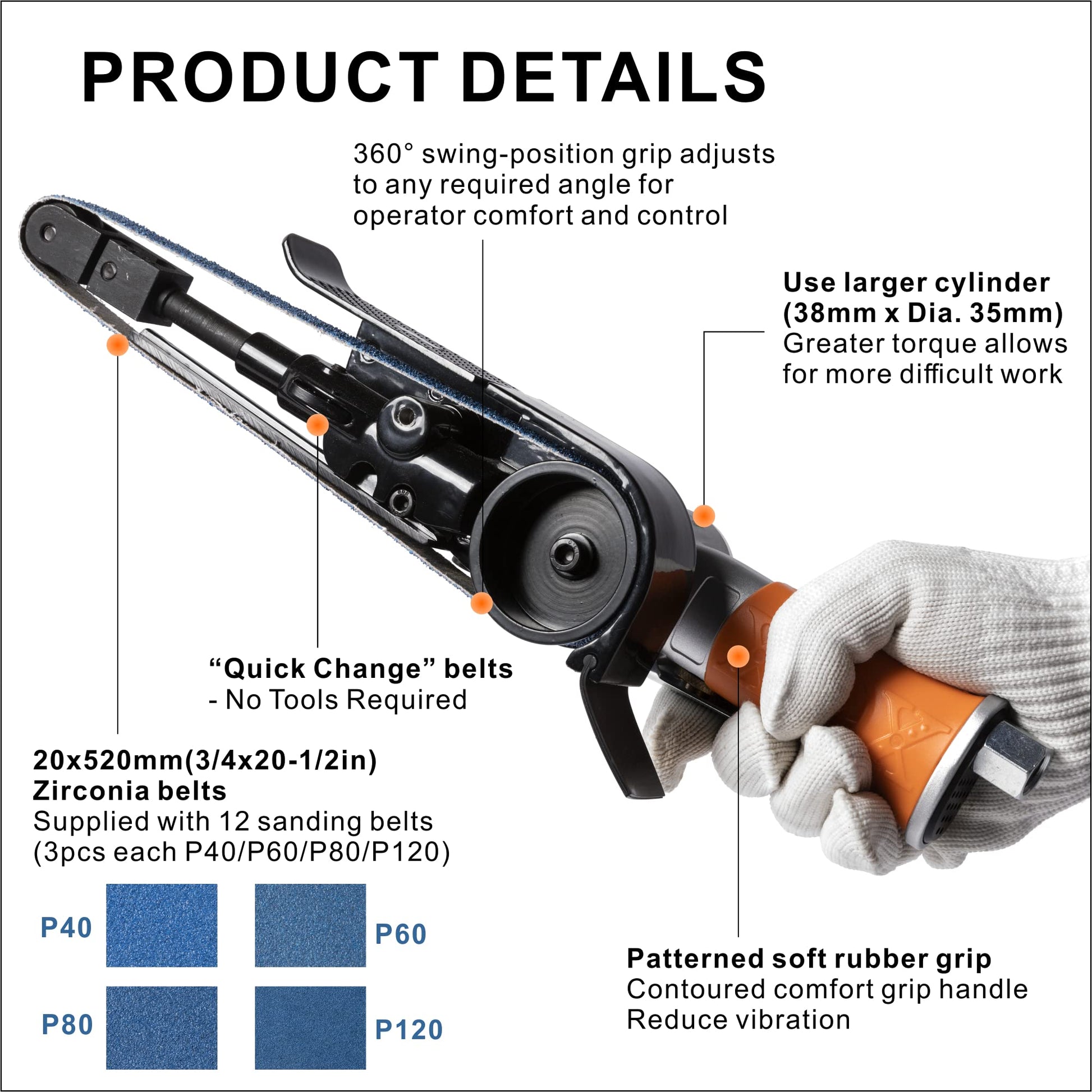 Air Belt Sander 3/4" x 20-1/2" Belt Size Pneumatic Tool with 12pc Belts (#40, 60, 80 & #120), Good for Deburring, Sanding and Finishing (3/4" x - WoodArtSupply