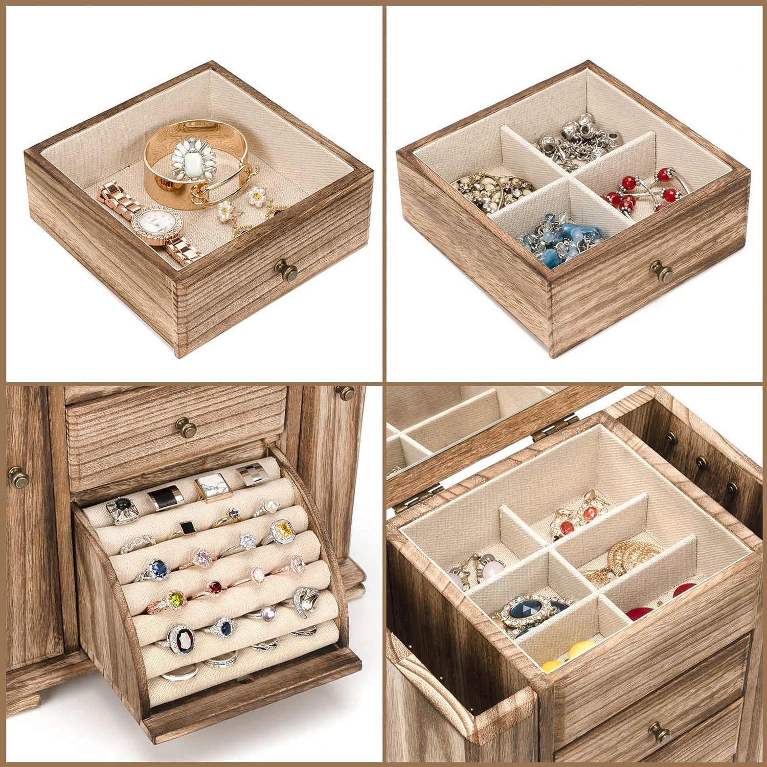 Emfogo Jewelry Box for Women, Rustic Wooden Jewelry Boxes & Organizers with Mirror, 4 Layer Jewelry Organizer Box Display for Rings Earrings Emfogo