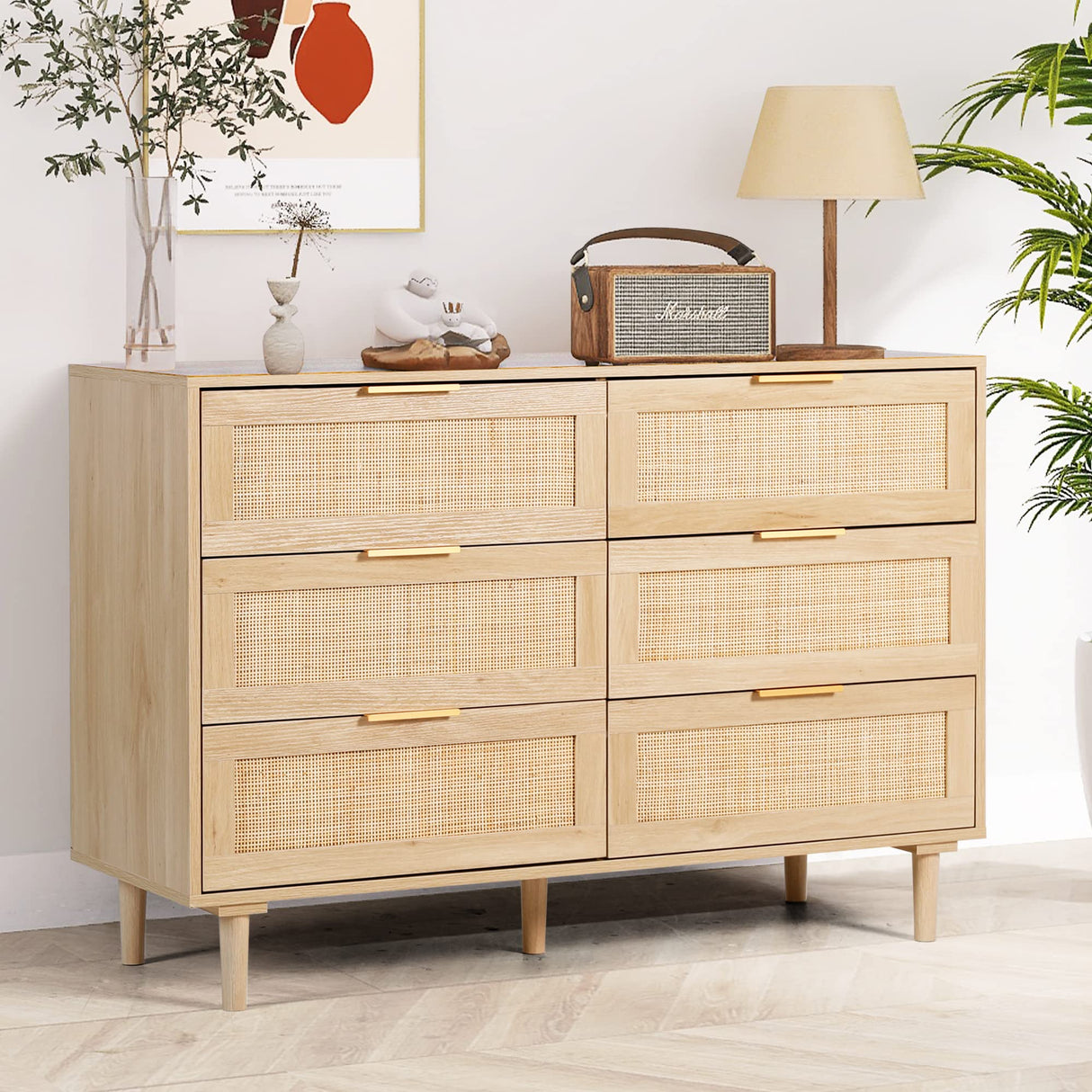 FUQARHY 6 Drawer Dresser Rattan Dresser Modern Chest with Drawers,Wood Storage Closet Dressers Chest of Drawers for Bedroom,Living Room,Hallway FUQARHY