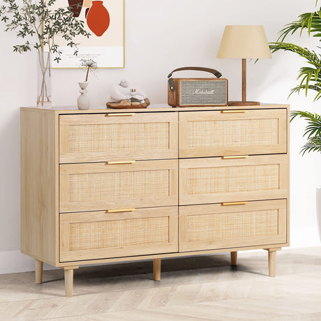 FUQARHY 6 Drawer Dresser Rattan Dresser Modern Chest with Drawers,Wood Storage Closet Dressers Chest of Drawers for Bedroom,Living Room,Hallway FUQARHY