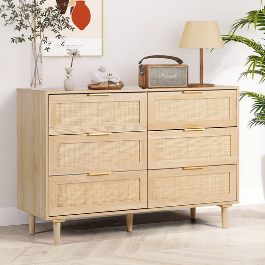 FUQARHY 6 Drawer Dresser Rattan Dresser Modern Chest with Drawers,Wood Storage Closet Dressers Chest of Drawers for Bedroom,Living Room,Hallway