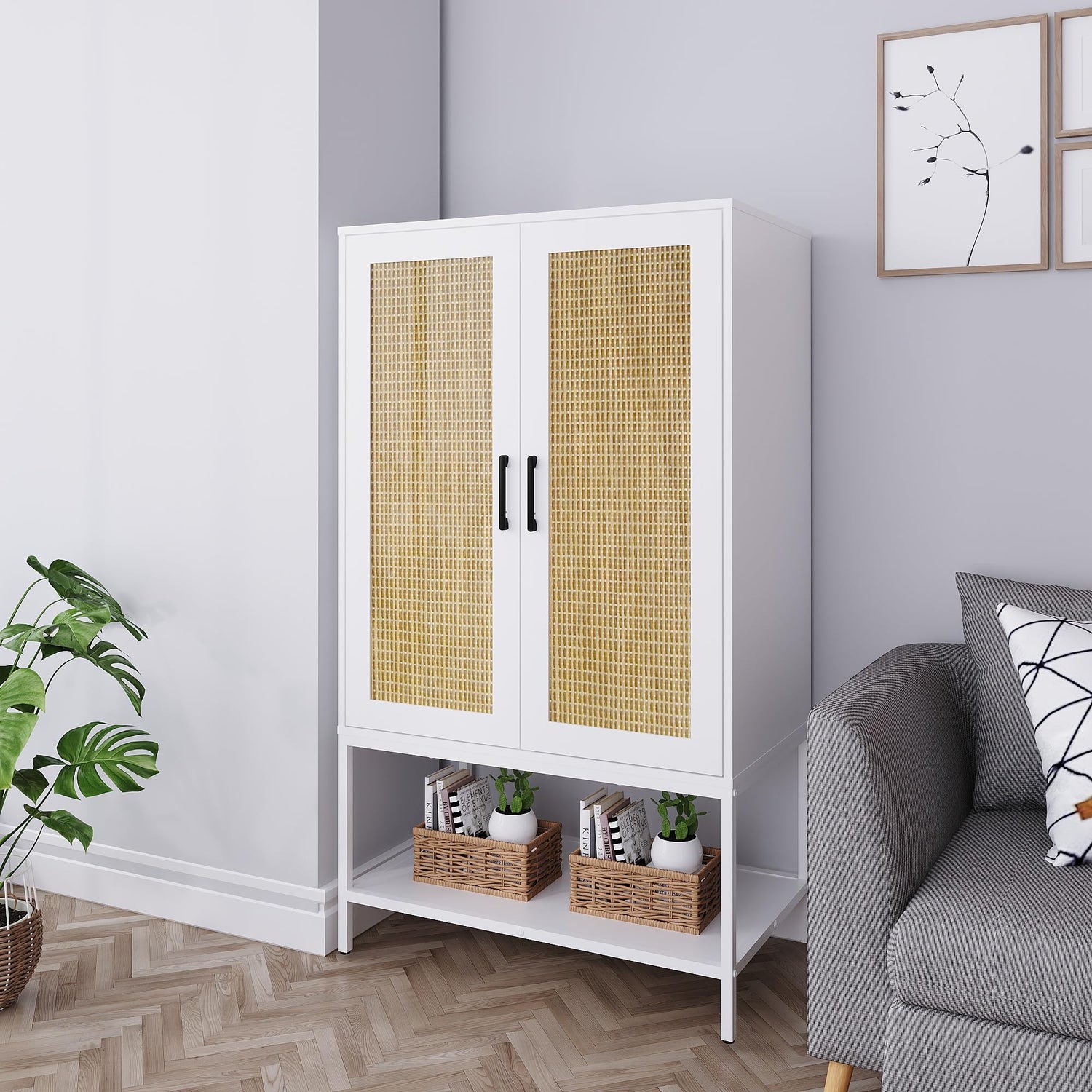 BOCVKENN Wardrobe Closet,Rattan Bedroom Armoires with 2 Doors,Wooden Wardrobe Cabinet with Shelves and Hanging Rod for Clothes,White BOCVKENN