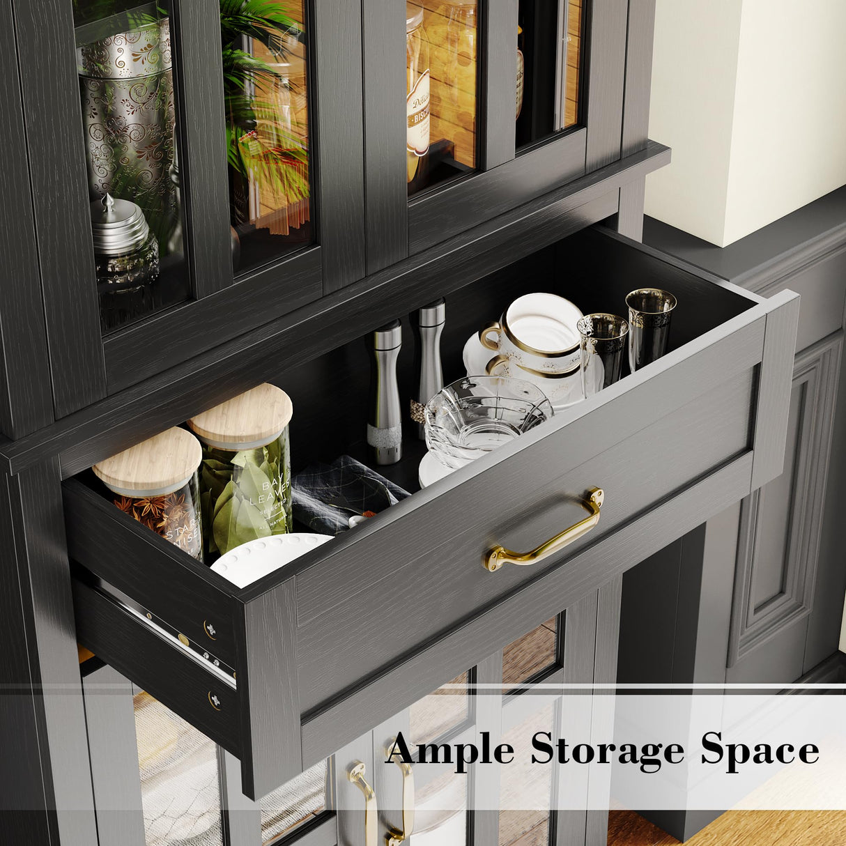 FOTOSOK 71'' Kitchen Pantry Cabinet, Tall Kitchen Cabinet Pantry Cabinet with Glass Doors and Drawer, Freestanding Food Pantry Kitchen Hunch with FOTOSOK