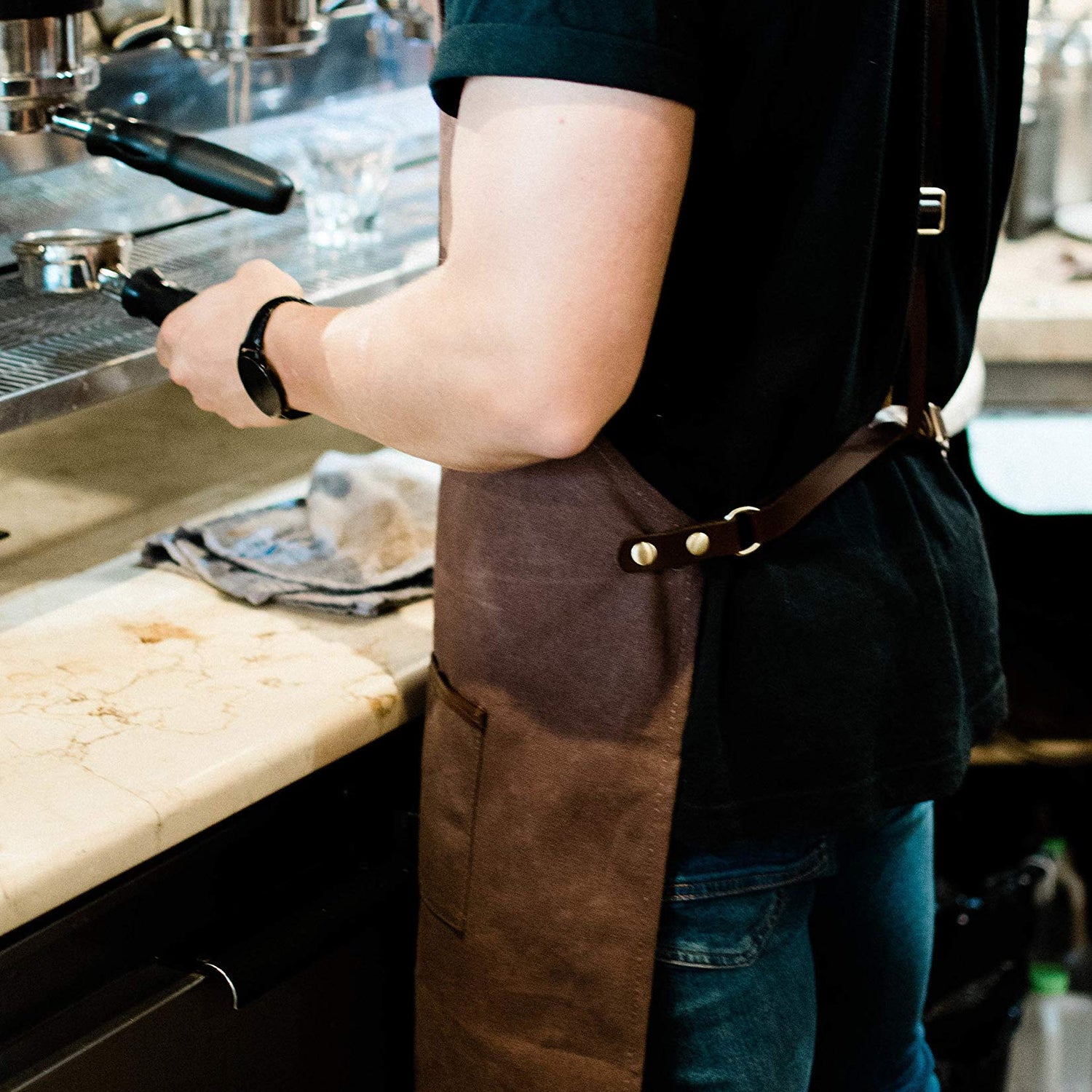 ApronMen Leather and Waxed Canvas Server Aprons With 3 Pockets for Men/Women - Adjustable Barista Work Apron With Kitchen Towel Holder - Chef ApronMen