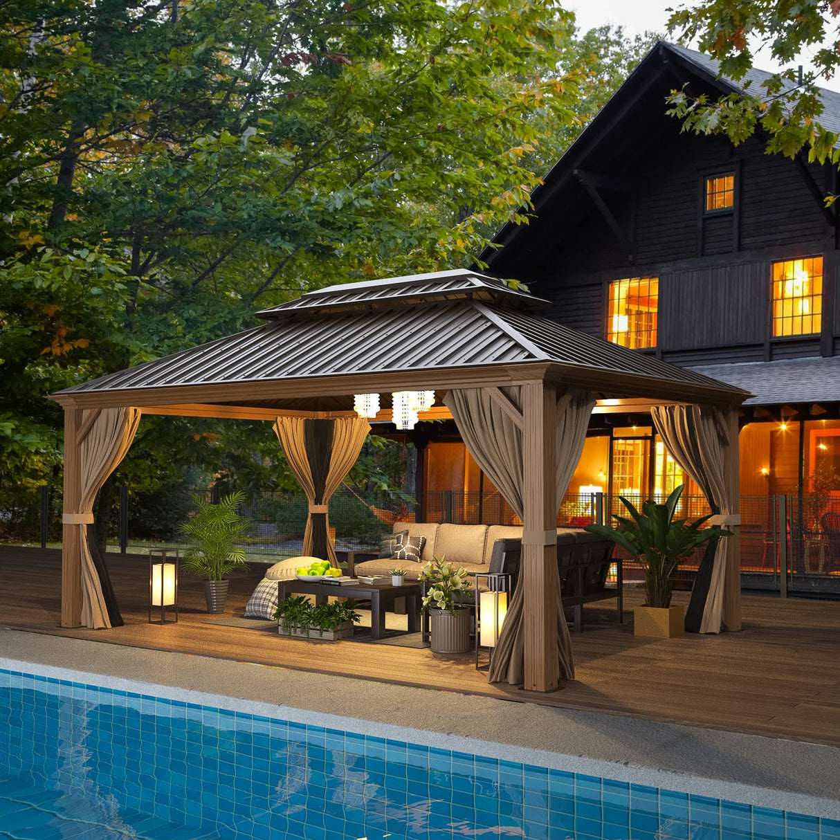 EROMMY 12' x 16' Gazebo, Wooden Finish Coated Aluminum Frame Canopy with Double Galvanized Steel Hardtop Roof, Outdoor Permanent Metal Pavilion with EROMMY