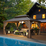 EROMMY 12' x 16' Gazebo, Wooden Finish Coated Aluminum Frame Canopy with Double Galvanized Steel Hardtop Roof, Outdoor Permanent Metal Pavilion with EROMMY