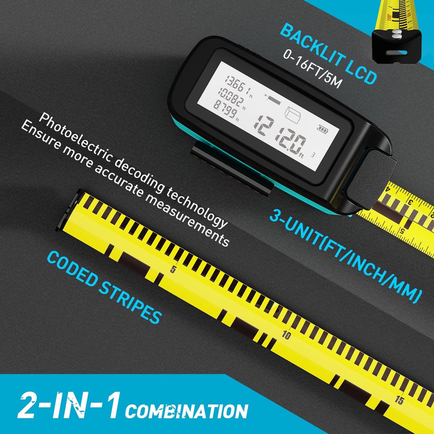 2-in-1 Digital Tape Measure - Ft/Ft+in/in/M 16Ft Tape Measure, Backlit Display USB Rechargeable Tape Measure with Display, 20 Groups Historical
