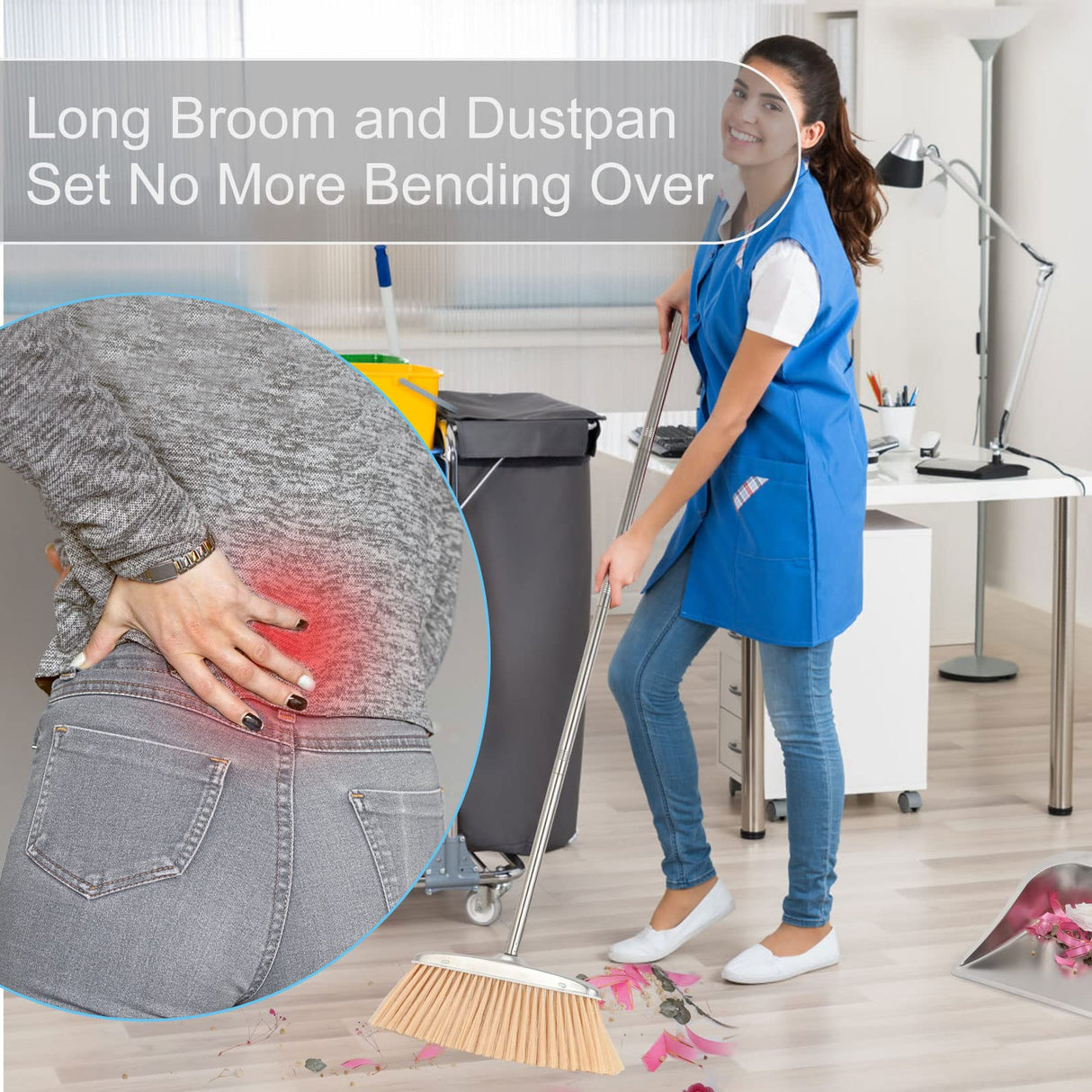 Heavy Duty Dustpan with Long Handle, VOOWO 43" Stainless Steel Dust Pan Standing Upright Dustpan, Indoor Outdoor Dust Pan with Handle for Kitchen and VOOWO