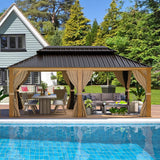 EROMMY 12' x 20' Gazebo, Wooden Finish Coated Aluminum Frame Canopy with Double Galvanized Steel Hardtop Roof, Outdoor Permanent Metal Pavilion with EROMMY
