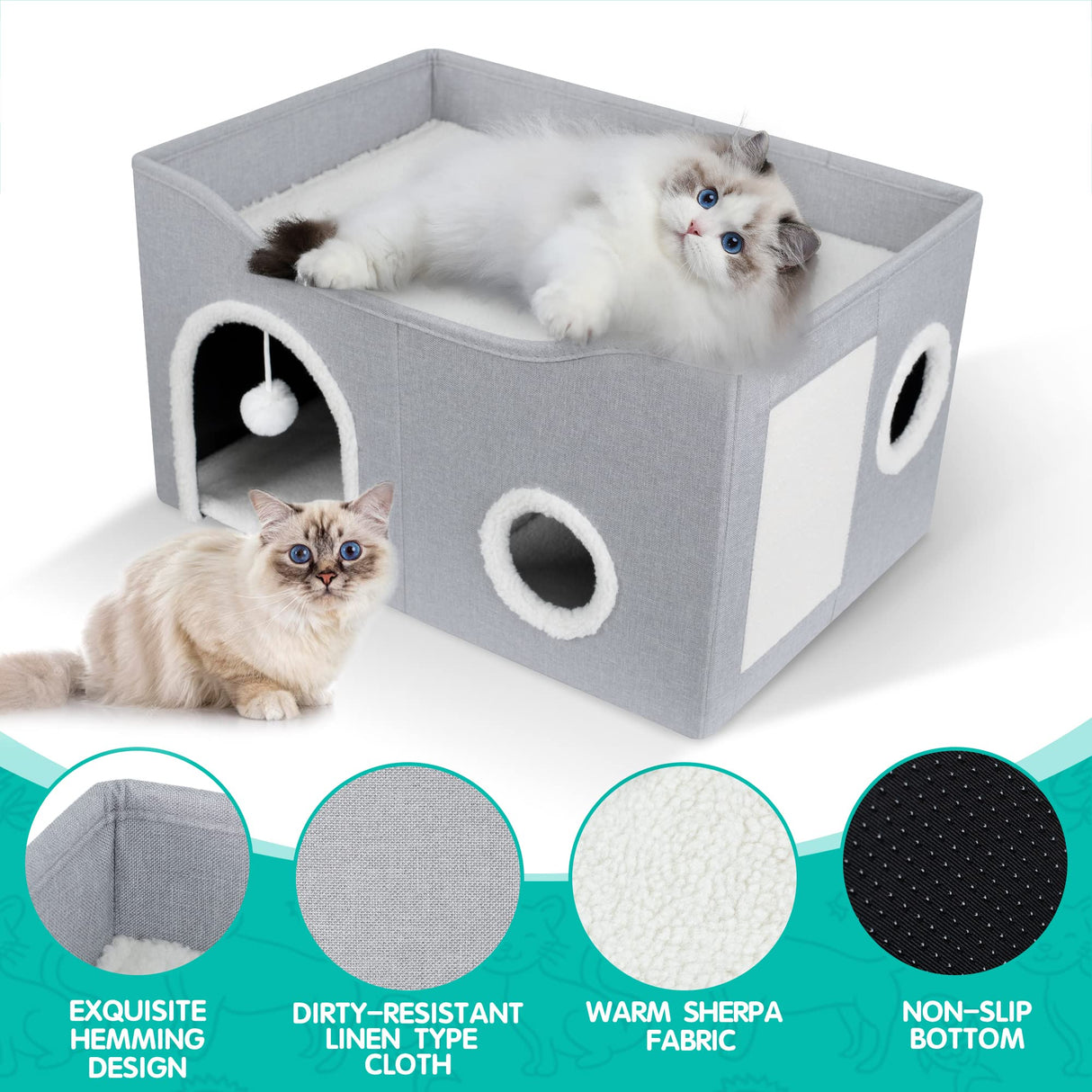 Heeyoo Cat House for Indoor Cats - Large Cat Bed Cave with Fluffy Ball and Scratch Pad, Foldable Cat Condos, Cat Cubes, Cat Hideaway, Covered Cat Bed Heeyoo