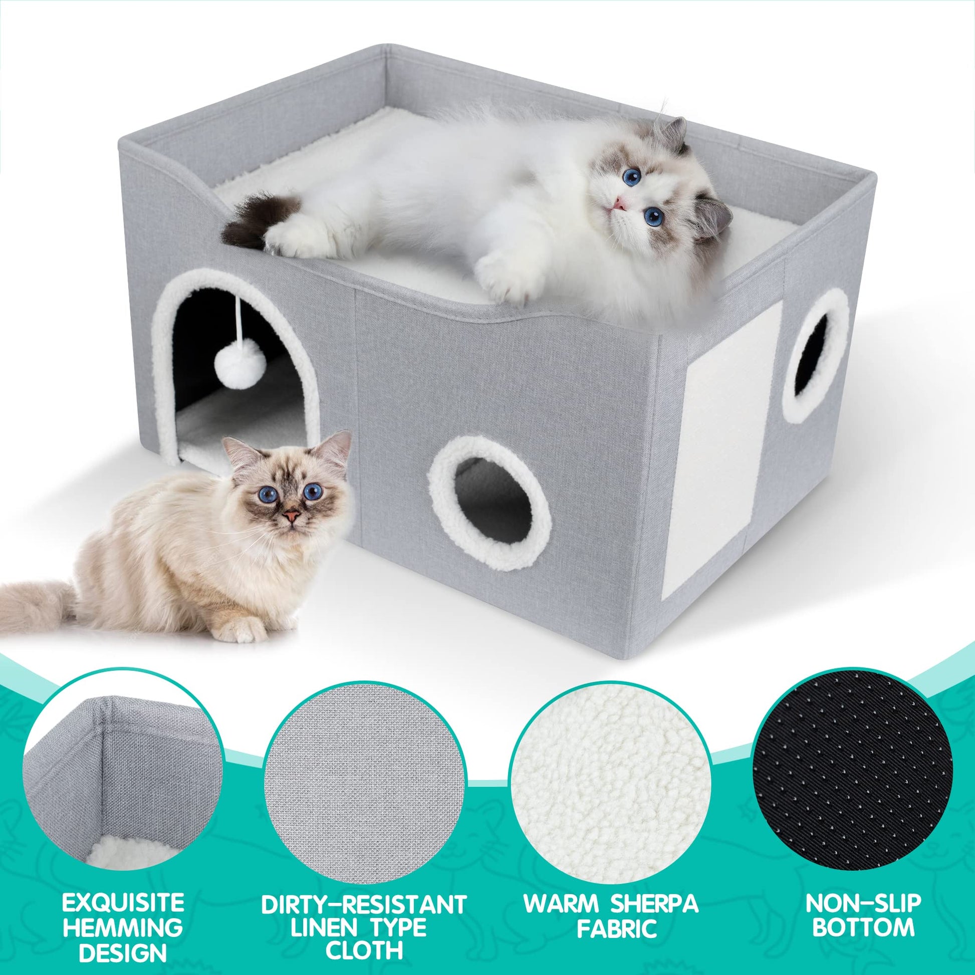 Heeyoo Cat House for Indoor Cats - Large Cat Bed Cave with Fluffy Ball and Scratch Pad, Foldable Cat Condos, Cat Cubes, Cat Hideaway, Covered Cat Bed - WoodArtSupply