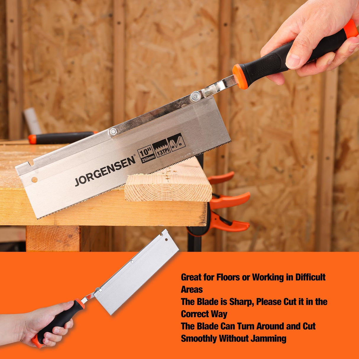 JORGENSEN 10" Dovetail Reversible Saw, Professional Cutting Jamb Saw, 13TPI Double Ground Teeth Flush Cut Saw Spring Loaded Design Cranked Soft Jorgensen