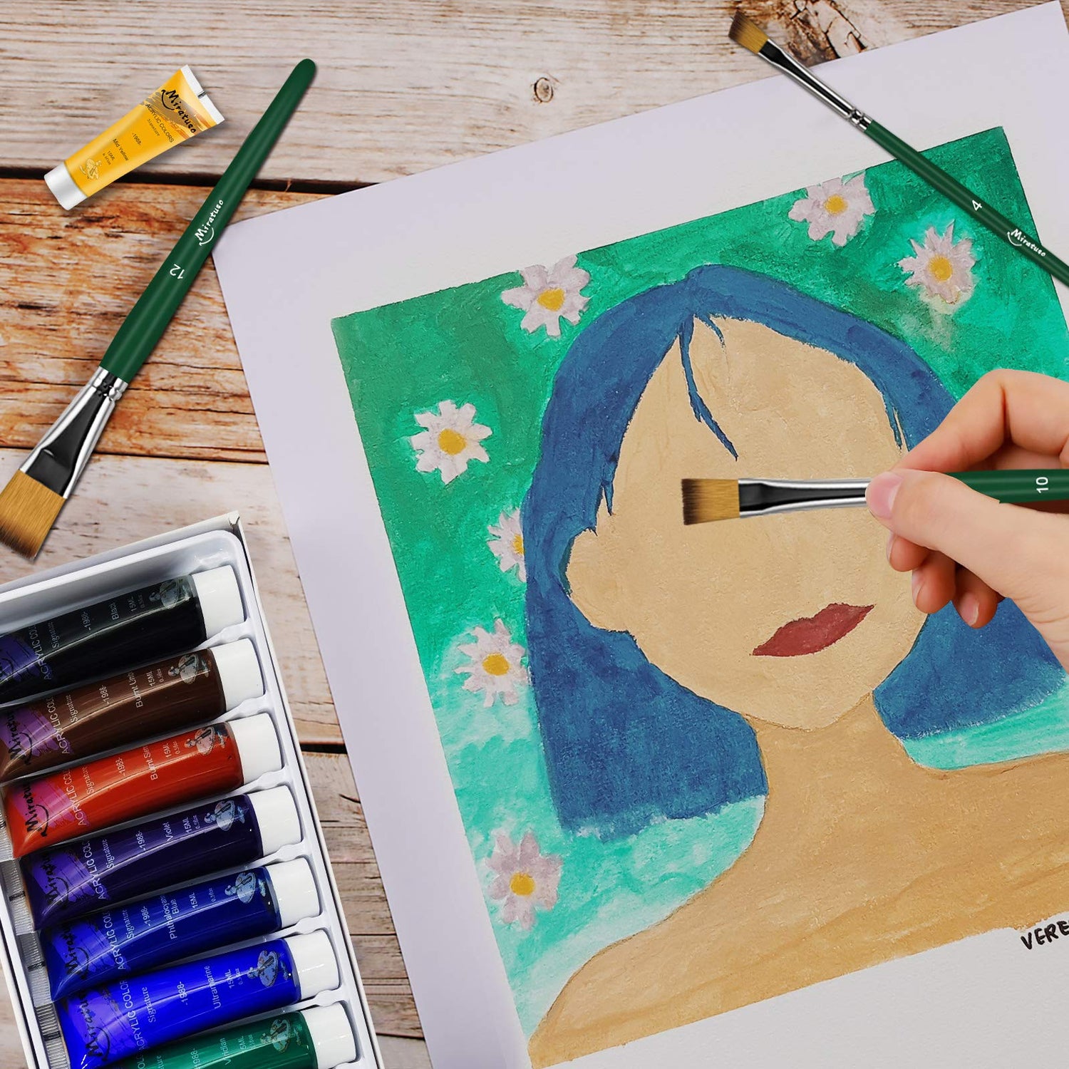 Deluxe Art Supplies 27 Pieces Art Set with Tabletop Easel, 12 Colors Acrylic Paint, 10 Paint Brushes, 3 Canvas Panels, Palettes Miratuso