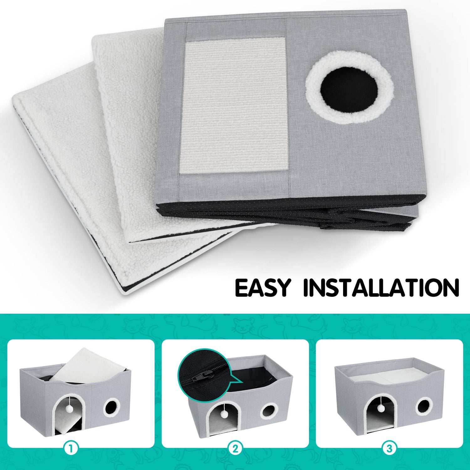 Heeyoo Cat House for Indoor Cats - Large Cat Bed Cave with Fluffy Ball and Scratch Pad, Foldable Cat Condos, Cat Cubes, Cat Hideaway, Covered Cat Bed Heeyoo