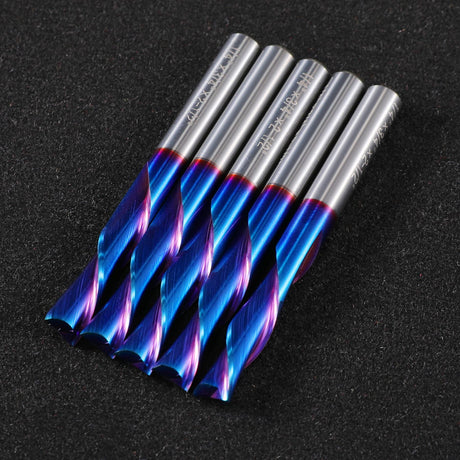HQMaster 5 Pcs Spiral CNC Router Bits Set Down Cut 1/4” Shank Solid Carbide Spiral Downcut CNC Bits with Nano Blue Coating End Mill for Wood Cut HQMaster