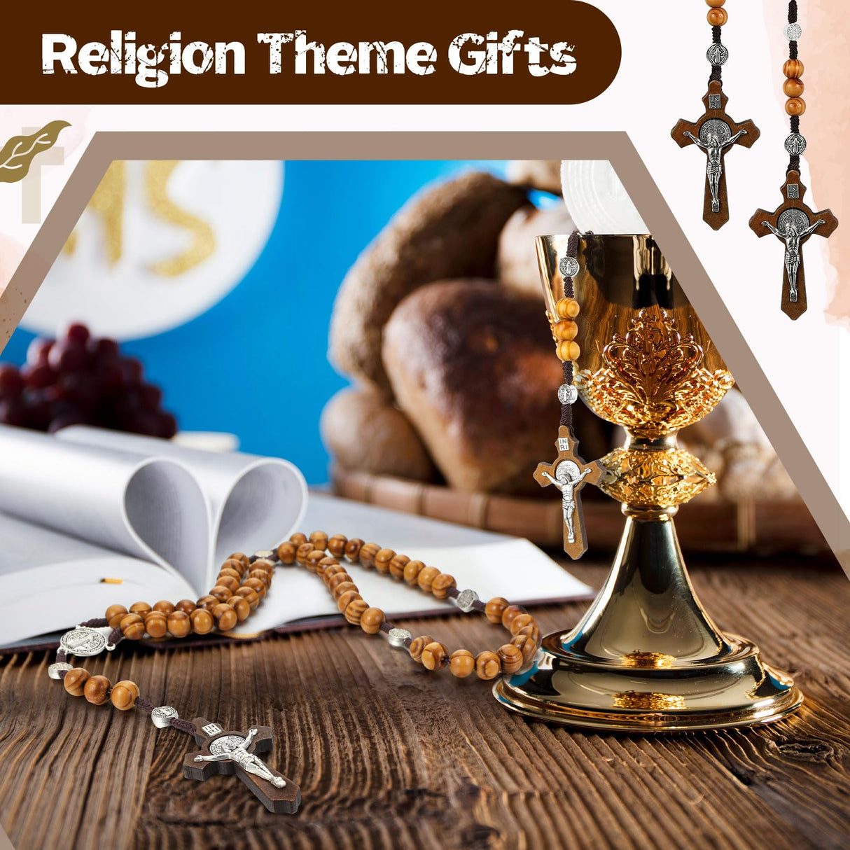 Equsion 24 Set Wooden Bead Rosary Necklace Catholic Rosary Wood Carved Beads with Jesus Cross Our Father Solid Wooden Rosary Beads with Organza Bag Equsion