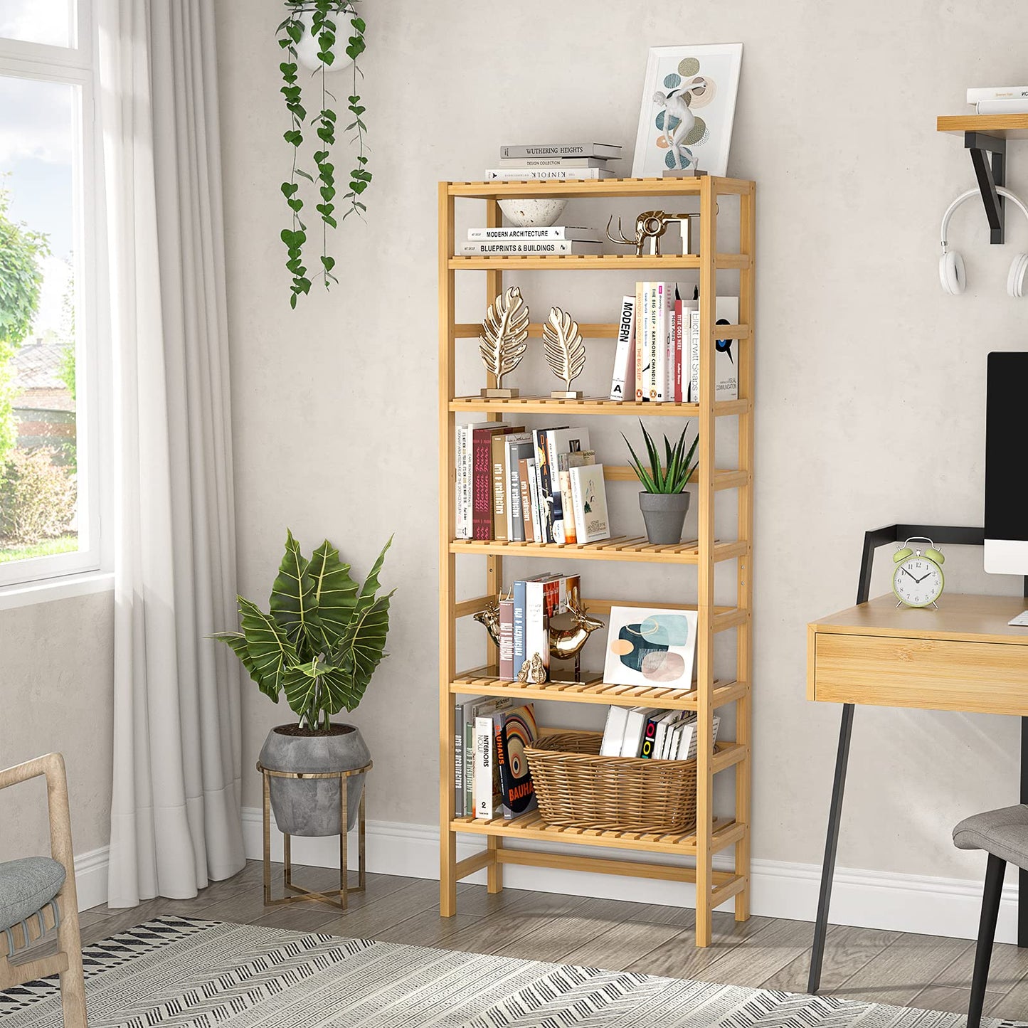 Homykic 6-Tier Bamboo Bookcase - Adjustable Free Standing Storage Shelf for Home and Office - WoodArtSupply