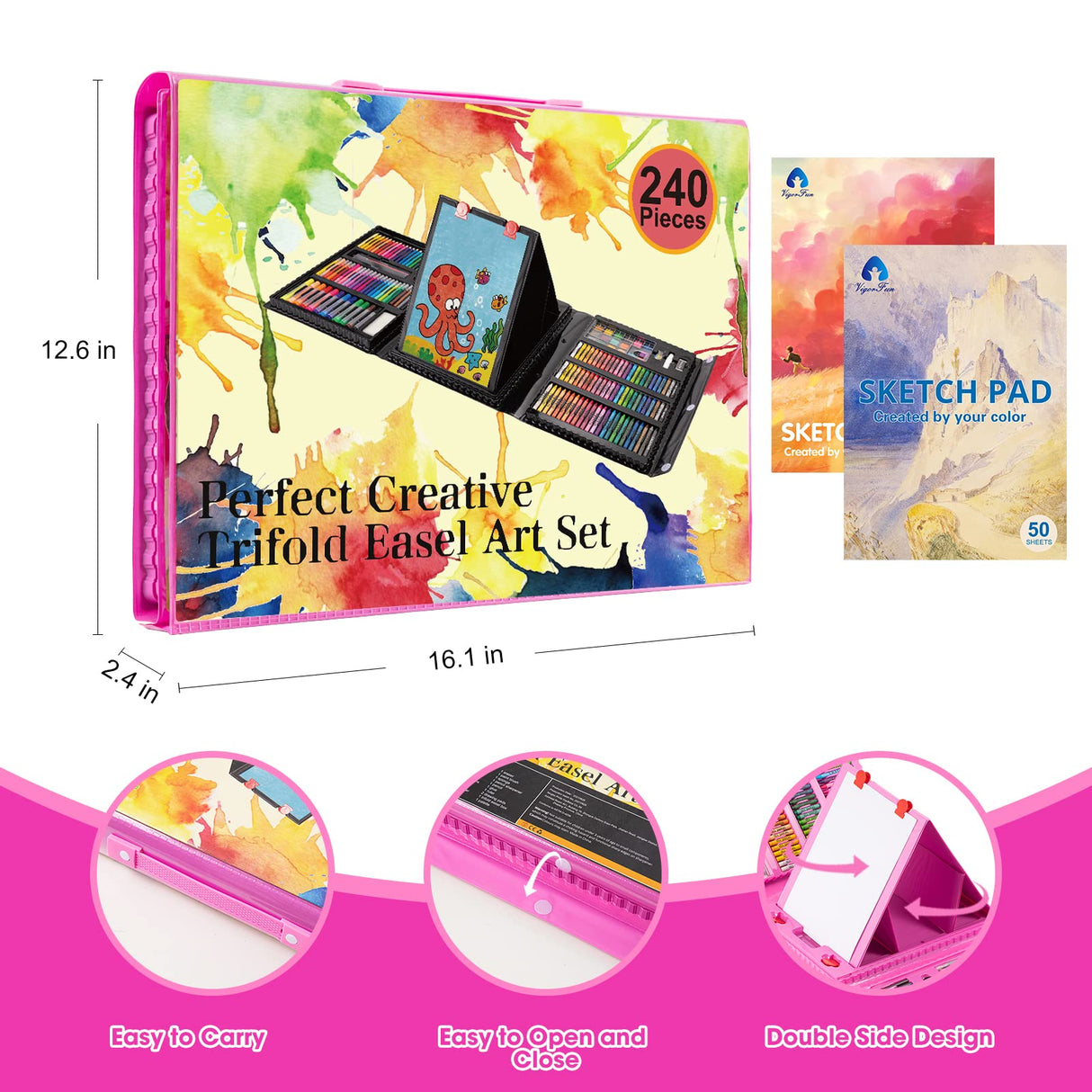 VigorFun Art Supplies, 240-Piece Drawing Art Kit, Gifts for Girls Boys Teens, Art Set Crafts Case with Double Sided Trifold Easel, Includes Sketch VigorFun